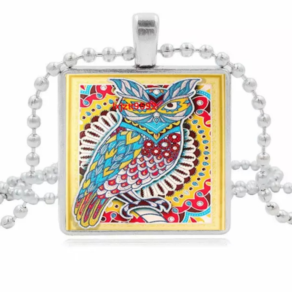 Yellow Mandela Owl Silver & Glass Tile Necklace